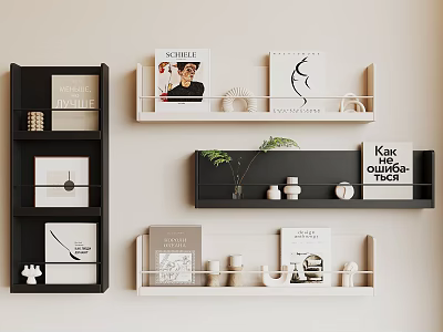 Chic Black And White Decorative Wall Shelves With Books Ornaments And Plants For Home Decor 3d model
