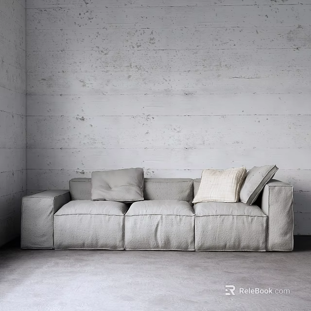 Gray Three Seater Sofa With Throw Pillows Against Minimalist Modern Concrete Wall 3d model 