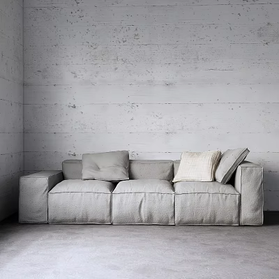 Gray Three Seater Sofa With Throw Pillows Against Minimalist Modern Concrete Wall 3d model
