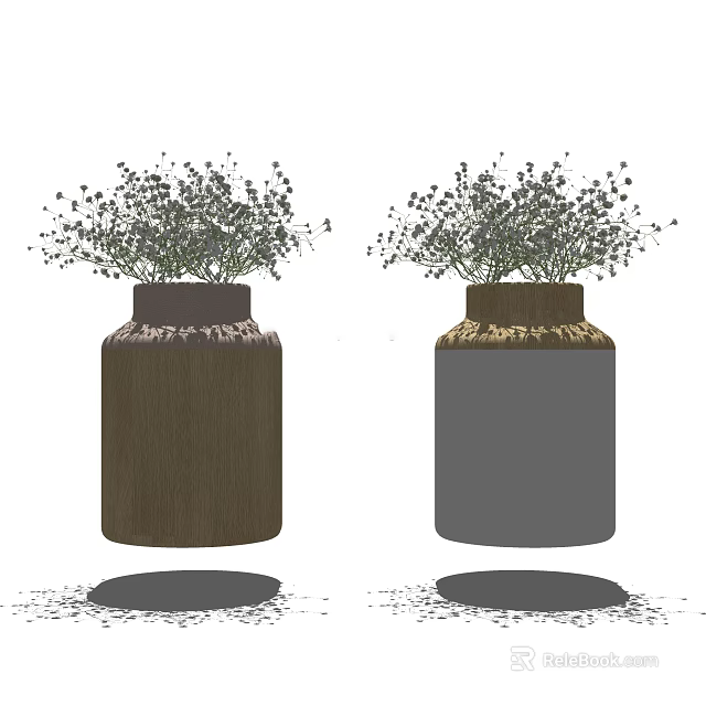 Two Brown And Gray Vases With Small White Flowers And Greenery For Home Decor 3d model 