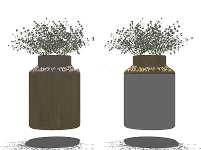 Two Brown And Gray Vases With Small White Flowers And Greenery For Home Decor 3d model