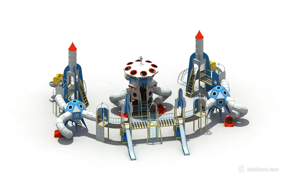Children's Playground Structure With Rocket Towers Slides And Cartoon Face Elements 3d model 