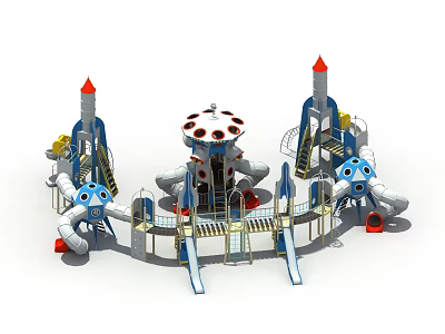 Children's Playground Structure With Rocket Towers Slides And Cartoon Face Elements 3d model