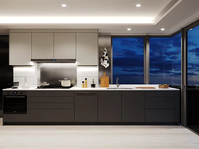 Modern Kitchen With Large Windows Gray Cabinets And Kitchen Island 3d model