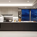 Modern Kitchen With Large Windows Gray Cabinets And Kitchen Island