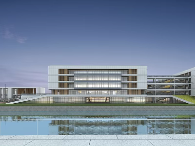 Modern School Building With Glass Facade Water Reflection And Multi Storey Design 3d model