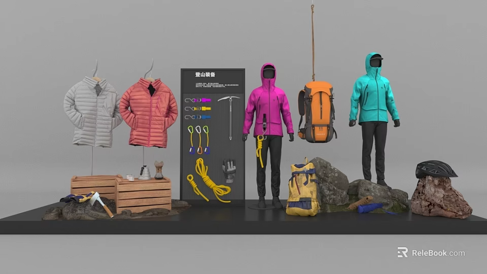 Outdoor Hiking Clothes Displayed on Mannequins with Colorful Jackets Backpacks and Gear 3d model 