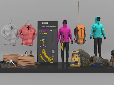 Outdoor Hiking Clothes Displayed on Mannequins with Colorful Jackets Backpacks and Gear 3d model