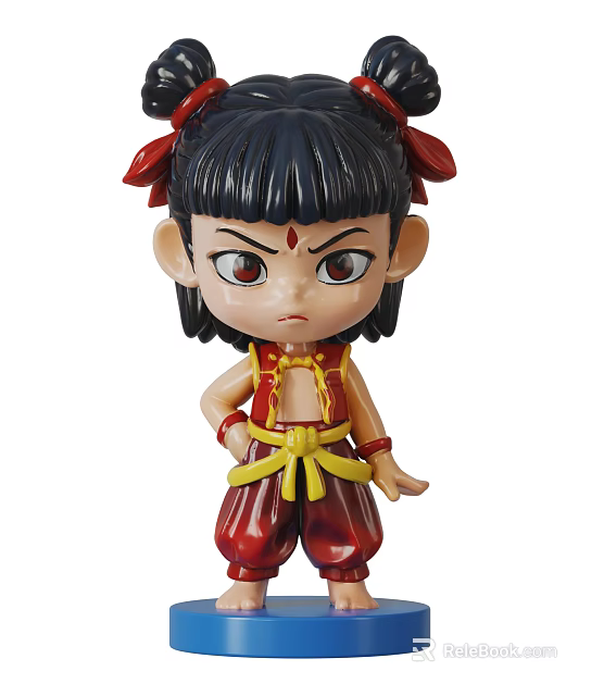 Red And Yellow Traditional Style Doll With Black Hair Red Bows And Serious Expression 3d model 