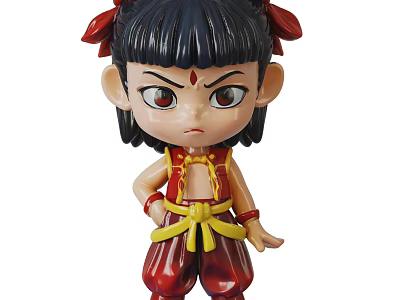 Red And Yellow Traditional Style Doll With Black Hair Red Bows And Serious Expression 3d model