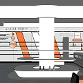 Modern Brand Store Interior With White Orange Display Shelves And Circular Product Showcases