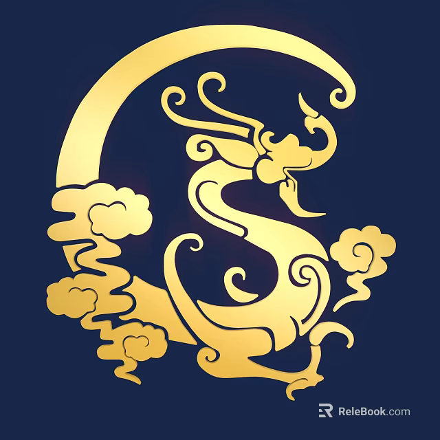 Intricate Golden Dragon Carving With Cloud Patterns On Dark Blue Background 3d model