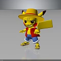 Yellow Creature Resembling Pikachu With Straw Hat Red Vest Blue Shorts And Yellow Board Standing