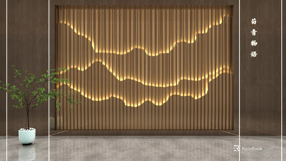 Wooden Bedroom Accent Wall With Mountain Shaped Lighting And Green Plant 3d model 