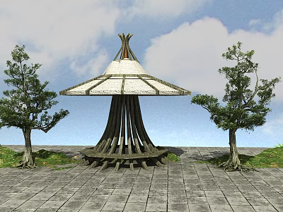 Outdoor Wooden Pavilion Structure With Umbrella Roof And Stone Paved Ground Near Trees 3d model