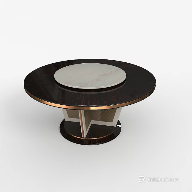 Round Dining Table With White Marble Top Dark Wood Frame And Gold Metal Base 3d model 