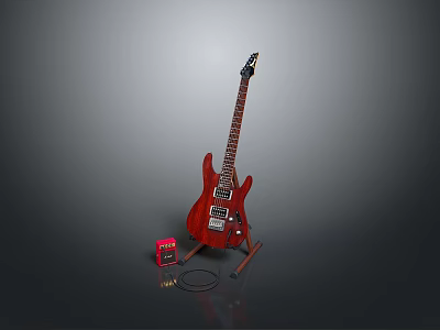 Red Electric Guitar With Red Amplifier And Cable For Home Daily Use 3d model