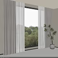 Light Curtains And Sheer Panels Frame Large Window With Green Trees View And Potted Plant