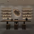 Natural Tea Room Interior With Wooden Long Table Stools And Hanging Teapot On Shelves