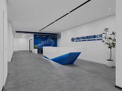 Sleek Modern Blue And White Reception Desk In Spacious Corporate Office Lobby With Brand Wall 3d model