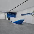 Sleek Modern Blue And White Reception Desk In Spacious Corporate Office Lobby With Brand Wall