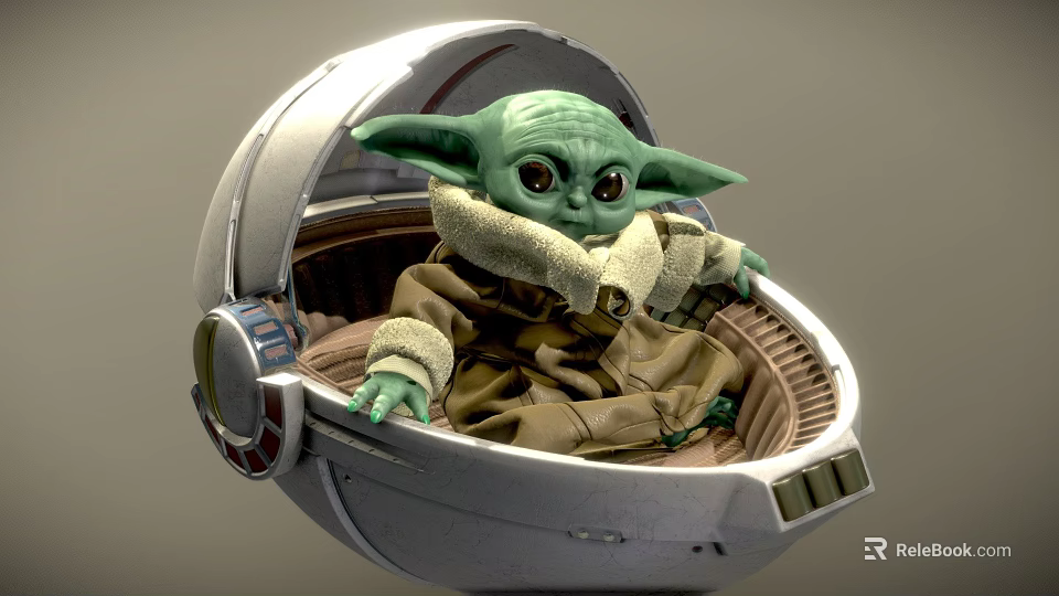 Cute Green Alien Baby Yoda Sitting In Silver Pram With Brown Robe And Large Eyes 3d model 