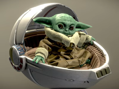 Cute Green Alien Baby Yoda Sitting In Silver Pram With Brown Robe And Large Eyes 3d model
