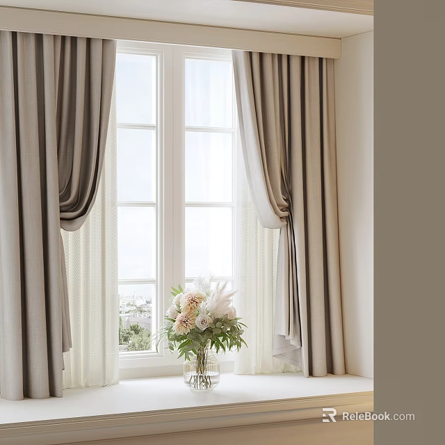 Modern Beige Curtains With Sheer Panels For Double Window And Floral Vase 3d model 