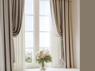 Modern Beige Curtains With Sheer Panels For Double Window And Floral Vase 3d model