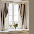 Modern Beige Curtains With Sheer Panels For Double Window And Floral Vase
