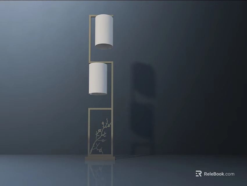 Modern Floor Lamp With Double White Shades And Metal Frame Branch Pattern 3d model