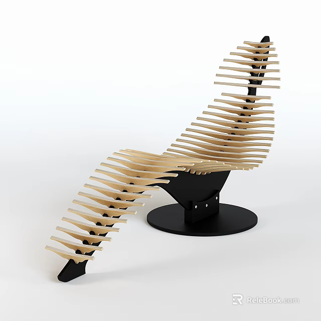Unique Modern Single Chair With Wooden Slats And Black Circular Base Design 3d model 