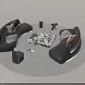 Modern Curved Leather Sofa And Marble Coffee Table Set With Pillows And Gray Rug
