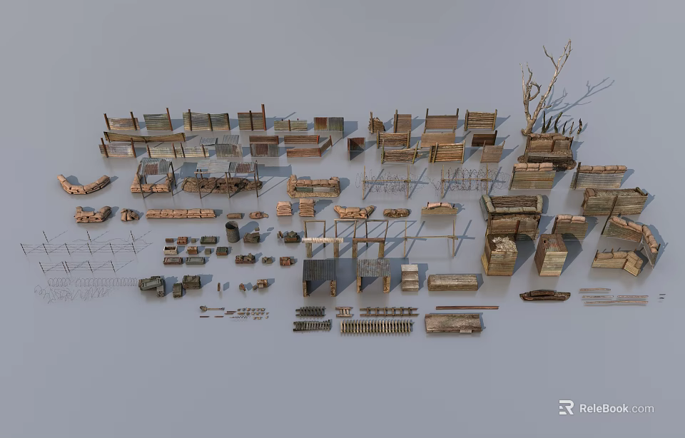 Public Facilities Components Featuring Wooden Benches Metal Railings Street Lamps and Signage 3d model 