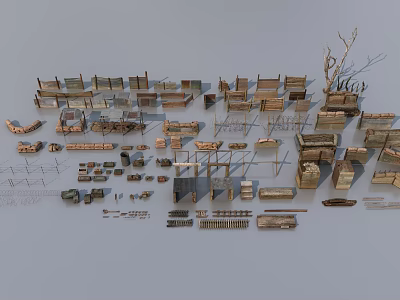 Public Facilities Components Featuring Wooden Benches Metal Railings Street Lamps and Signage 3d model