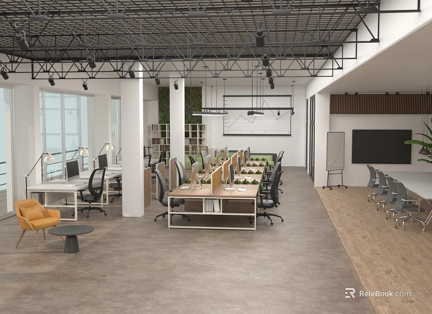 Modern Public Office Space With Open Layout Long Work Desks Ergonomic Chairs And Green Plants 3d model 