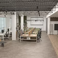 Modern Public Office Space With Open Layout Long Work Desks Ergonomic Chairs And Green Plants