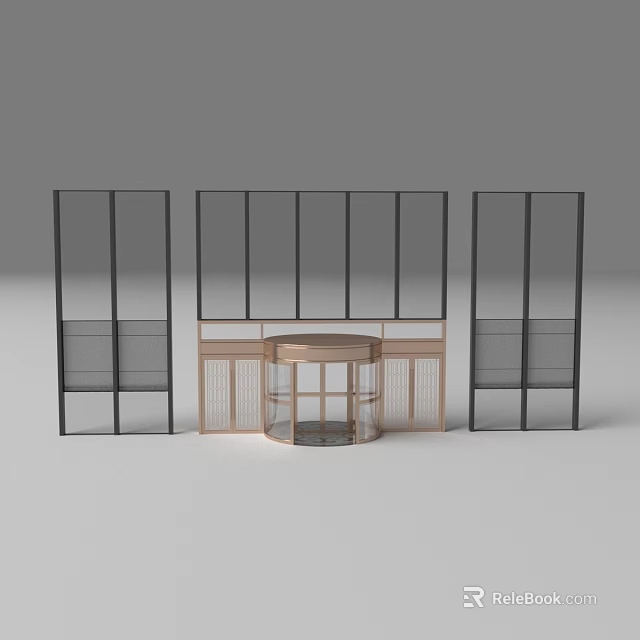 Modern Building Display Stand and Screen Partitions with Grid Panels and Curved Frame 3d model
