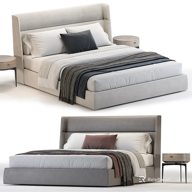 Modern Upholstered Double Bed With Decorative Pillows Striped Blanket And Bedside Tables 3d model 
