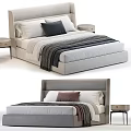 Modern Upholstered Double Bed With Decorative Pillows Striped Blanket And Bedside Tables
