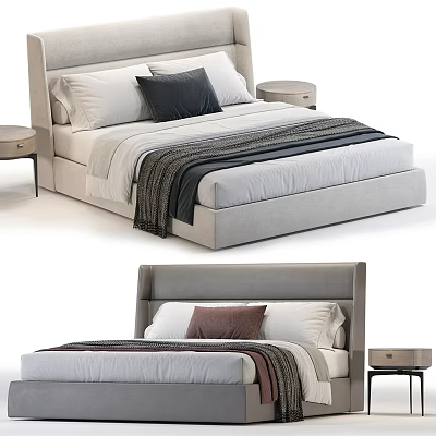 Modern Upholstered Double Bed With Decorative Pillows Striped Blanket And Bedside Tables 3d model