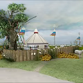 Scenic Yurt Camp Area With Big Tree Colorful Lanterns Wooden Fence Green Grass And Flowers