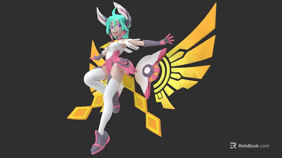 3D Woman Character With Green Pink Hair Rabbit Ears Yellow Wings In Dynamic Pose 3d model 