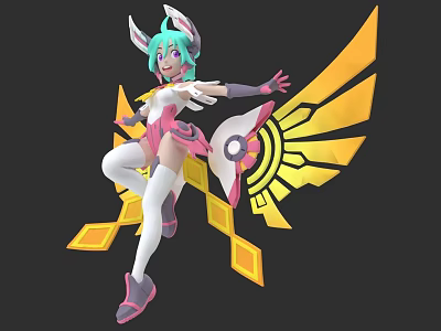 3D Woman Character With Green Pink Hair Rabbit Ears Yellow Wings In Dynamic Pose 3d model