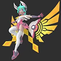 3D Woman Character With Green Pink Hair Rabbit Ears Yellow Wings In Dynamic Pose