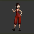 Cartoon Character With Brown Hair Wearing Red Overalls Holding Wrench Standing Against Gray Background