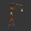 Vintage Outdoor Light Featuring Rope Wrapped Wooden Pole and Lantern Shade on Stone Base