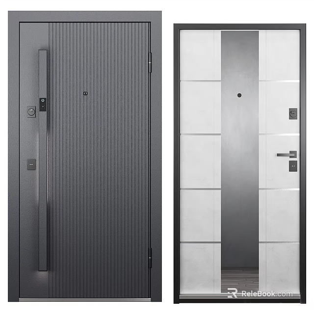 Modern Swing Door Design With Vertical Stripes Gray Panel White Frame Handle And Lock 3d model 