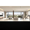 Modern Living Dining Room Interior With Large Windows City View Beige Sofa And Coffee Table