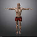 Bald Shirtless Man in Red Striped Shorts with Arms Outstretched Against Gray Background